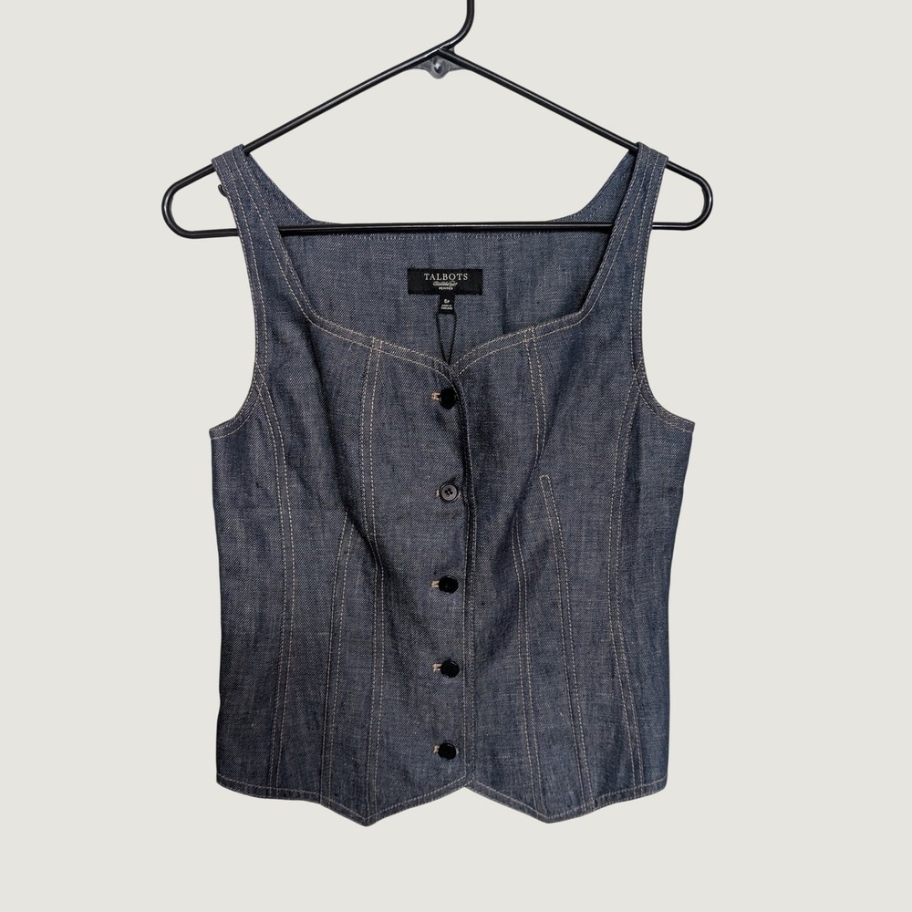 NWT Talbots Petites Blue Linen Button Front Vest Top Square Neck Indigo 6P
